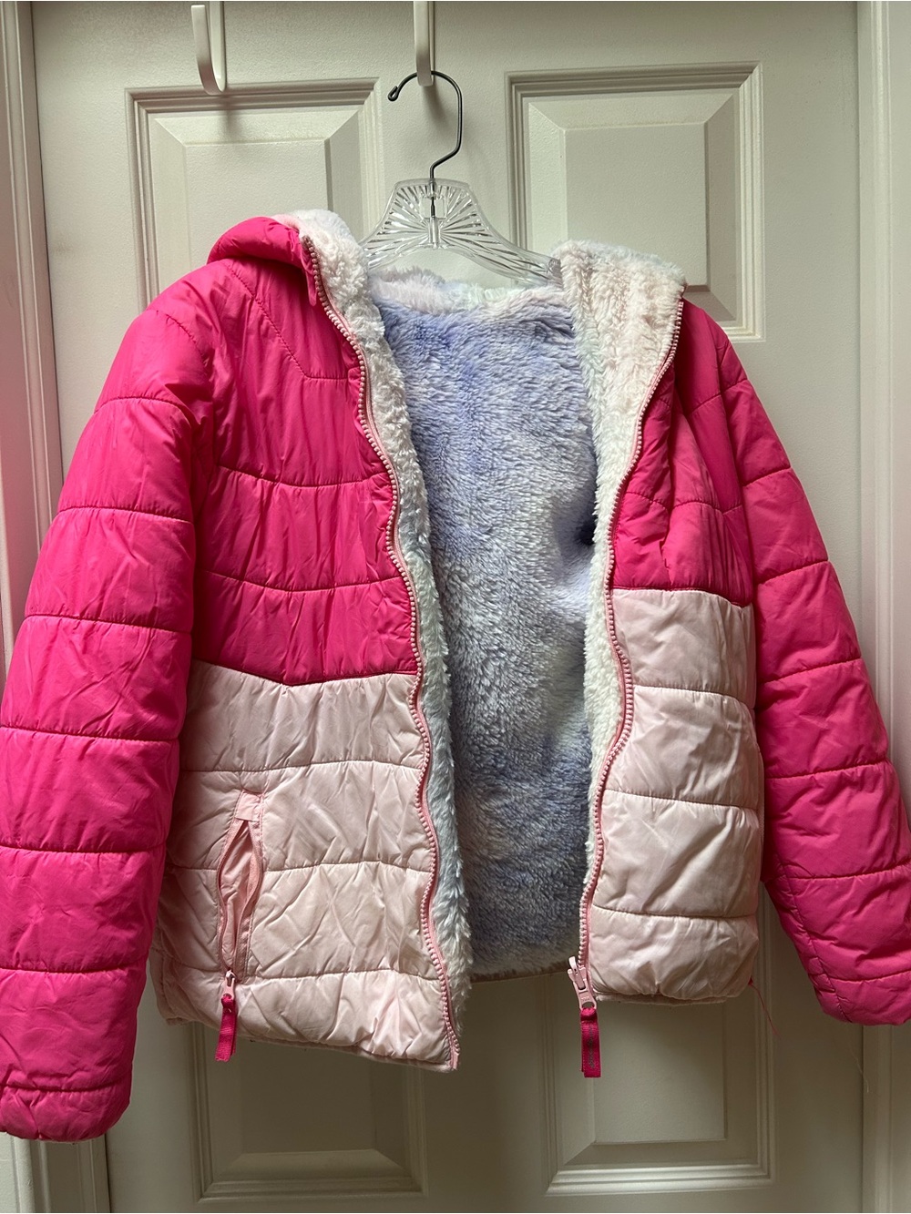 Eddie Bauer Girls Pink Two-Tone Hooded Puffer Jacket with Sherpa Lining